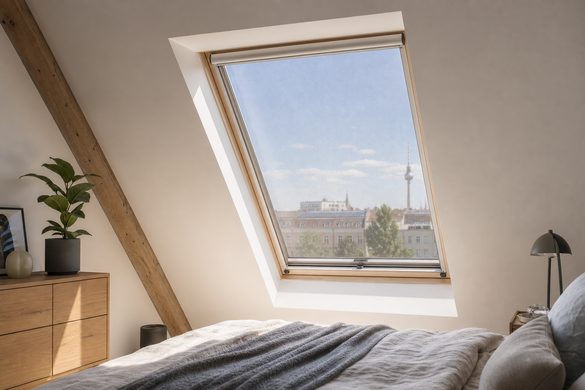 Dachfenster mit Insektenschutzrollo in einem Schlafzimmer